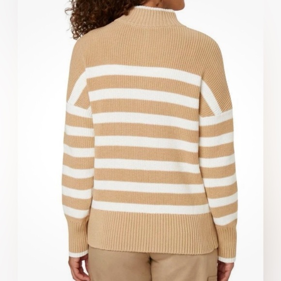 LAND'S END NWT Quarter Zip Striped Sweater Tan White Size XL Chunky Heavyweight - Picture 3 of 11